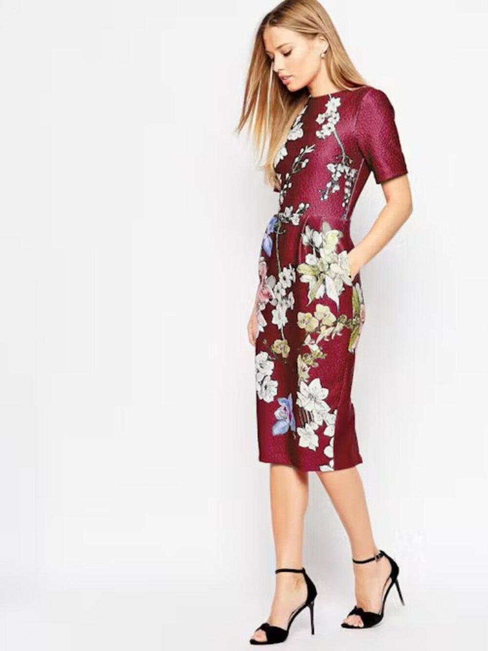 ASOS Burgundy Floral Placement Print Wiggle Midi Dress Pockets Size 8